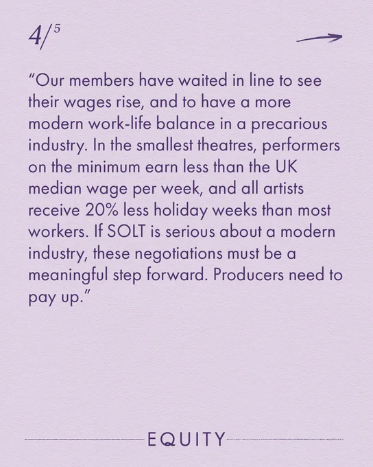 Reads: “Our members have waited in line to see their wages rise, and to have a more modern work-life balance in a precarious industry. In the smallest theatres, performers on the minimum earn less than the UK median wage per week, and all artists receive 20% less holiday weeks than most workers. If SOLT is serious about a modern industry, these negotiations must be a meaningful step forward. Producers need to pay up.”