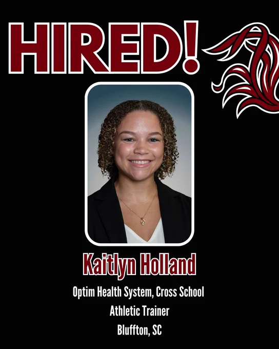 Graphic announcing that Kaitlyn Holland was hired as an athletic trainer for Optim Health System in Bluffton, SC