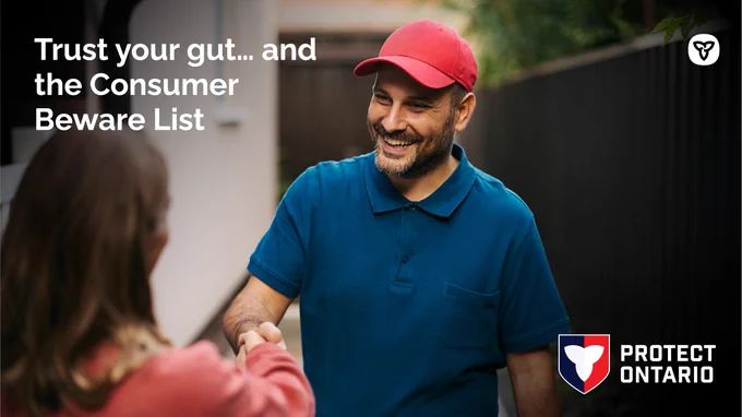 man in company uniform shaking hand with someone
Text: Trust your gut… and the Consumer Beware List.