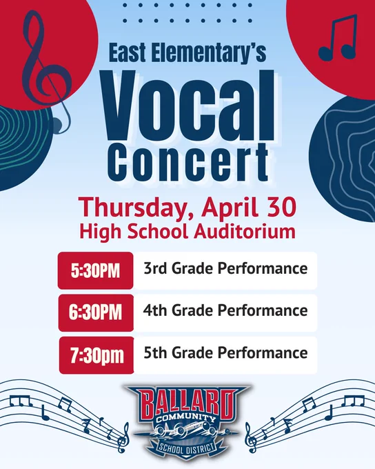 East Elementary's Vocal Concert on April 30 at High School Auditorium with performances by 3rd, 4th, and 5th grades.