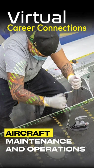 An aircraft mechanic uses a wrench to adjust the fasteners on a piece of aircraft equipment. At the top of the image is the title Virtual Career Connections, and at the bottom is the subtitle Aircraft Mainenance and Operations