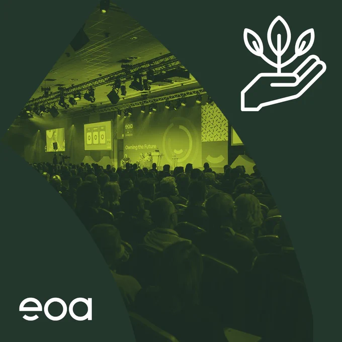 A arching shape filled with a green-hued image of a business event. Beside it is a plant growing out of an open palm. In the bottom left corner is the logo for the eoa.