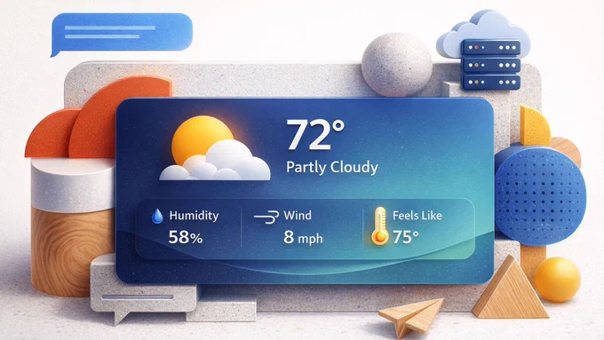A stylized 3D weather‑forecast graphic featuring a central panel that reads “72°, Partly Cloudy,” with a sun partially covered by clouds. Below it are three metrics: Humidity 58%, Wind 8 mph, and Feels Like 75°. The display is surrounded by decorative geometric shapes made of wood‑, stone‑, and plastic‑like materials, creating a modern, abstract frame around the weather UI.