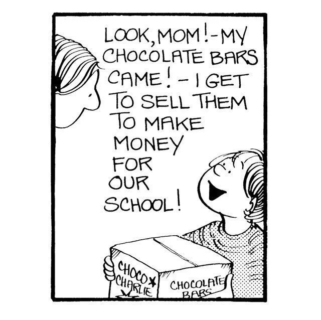 Michael shows Elly the box of chocolate bars he has to sell to make money for his school.
