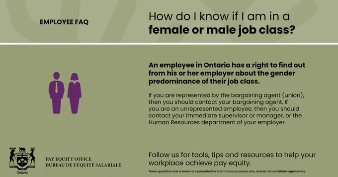 The image has a green background with the heading “How do I know if I am in a female or male job class?” It explains that employees in Ontario have the right to learn about the gender predominance of their job class and should contact their union or employer for information. A simple icon of two human figures appears on the left, with Pay Equity Office branding at the bottom.