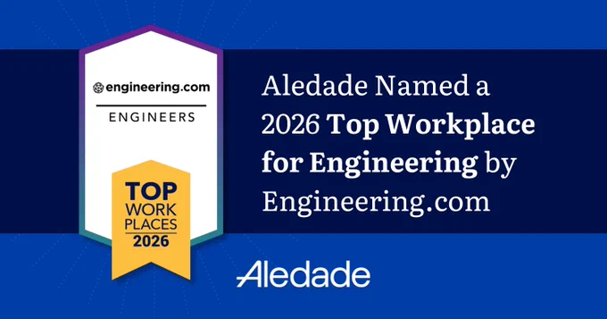 This image features a blue banner with a badge on the left, stating "Top Workplaces 2026." The text reads, "Aledade Named a 2026 Top Workplace for Engineering by Engineering.com." Aledade's logo is at the bottom.