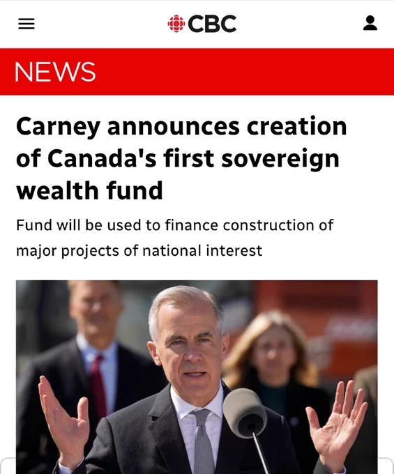 Screenshot of an article from CBC News. The headline reads: Carney announces creation of Canada's first sovereign wealth fund.