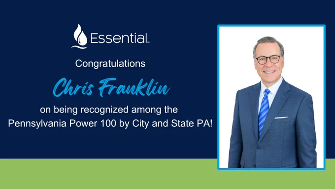 Horizontal congratulations graphic recognizing Chris Franklin as part of the Pennsylvania Power 100 by City & State PA, with a professional portrait on the right and Essential logo on a dark blue and green background.