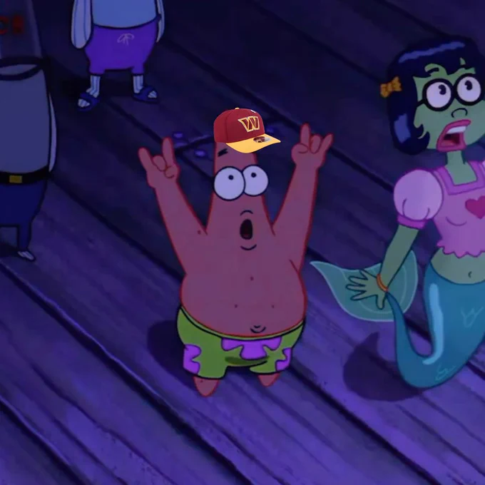 Meme. It features Patrick Star wearing a Commanders hat. He is cheering.