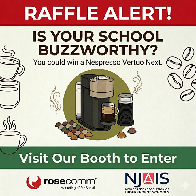 Promotion for a raffle drawing for an espresso maker at the New Jersey Independent School Association Leadership Conference. Headline: Is Your School Buzzworthy? (Graphic made with support of Gemini; copy written by a human.)