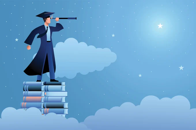 Illustration of a college student in a graduation cap and gown, standing on top of a stack of books and looking through a telescope at a starry sky.