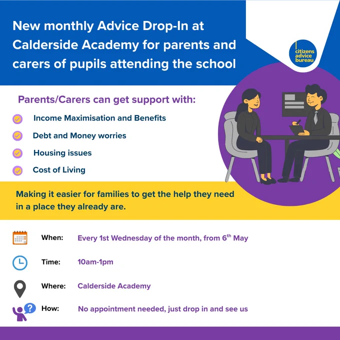 Hamilton Citizens Advice are hosting a new monthly advice drop in at Calderside Academy, for parents and carers of pupils attending the school. Starts Wed 6th May 10am-1pm. Just drop in.