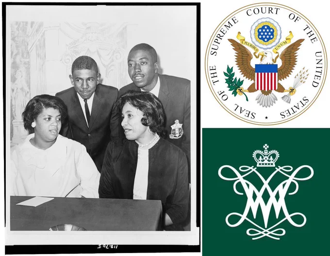 Grid of three images. Left: Linda Brown Smith, Ethel Louise Belton Brown, Harry Briggs, Jr., and Spottswood Bolling, Jr. — all plaintiffs in Brown v. Board of Education during a 1964 press conference. Image from the Library of Congress. Top Right: The official seal of the United States Supreme Court, featuring a circular design with the words “Supreme Court of the United States” surrounding a central emblem of a balanced scale of justice and a laurel wreath, symbolizing law, authority, and fairness. Bottom Right: Monogram of William & Mary Law School featuring a dark green background and a white intertwined “W&M” topped by a crown, referencing the university’s royal charter.
