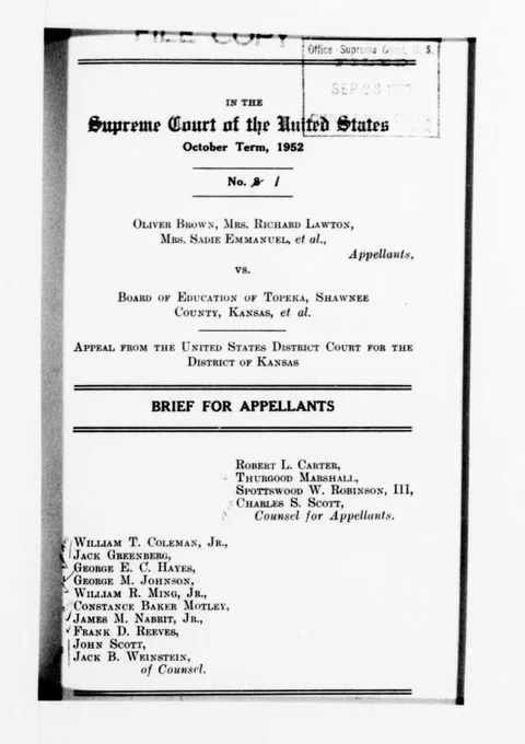 The cover page of the Brief for Appellants filed in Brown v. Board of Education, Supreme Court of the United States, October Term 1952. The document is stamped as received by the Supreme Court Office on September 23, 1952. Listed as counsel for appellants are Robert L. Carter, Thurgood Marshall, Spottswood W. Robinson III, and Charles S. Scott, along with a number of additional attorneys of counsel including Constance Baker Motley and Jack Greenberg. The document is a microfilm scan, slightly aged and worn at the edges.