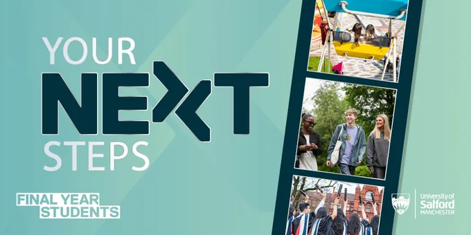 Photo strip showing welcome week, studying and graduation. Text alongside reads 'your next steps'