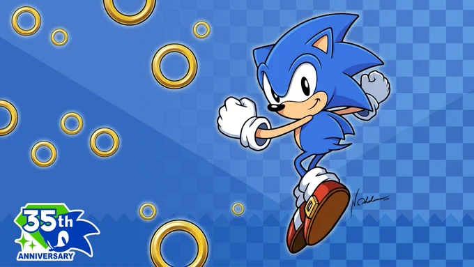 Artwork of Sonic the Hedgehog evoking his look from the 90s to celebrate Sonic's 35th anniversary. Signed by original artist and creator Naoto Ohshima.