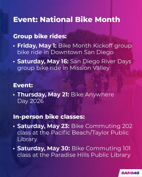 Poster for National Bike Month events. Group bike rides: May 1 in Downtown San Diego and May 16 in Mission Valley. Bike Anywhere Day on May 21. In-person bike classes: May 23 at Pacific Beach/Taylor Public Library and May 30 at Paradise Hills Public Library. SANDAG logo at the bottom.