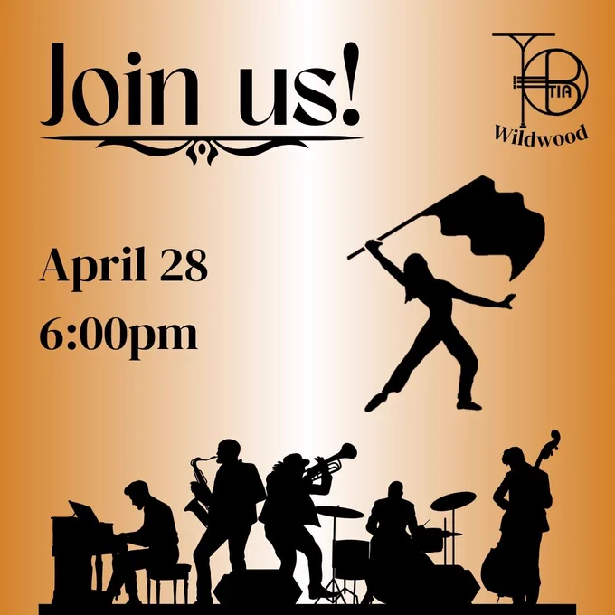 Orange and black graphic with TIA logo, images of color guard and big band and text that says, "Join us! April 28, 6:00pm".