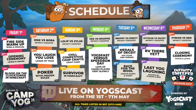 Yogscast Camp Yog 2026 schedule. For full text, please visit twitch.tv/yogscast/schedule.
