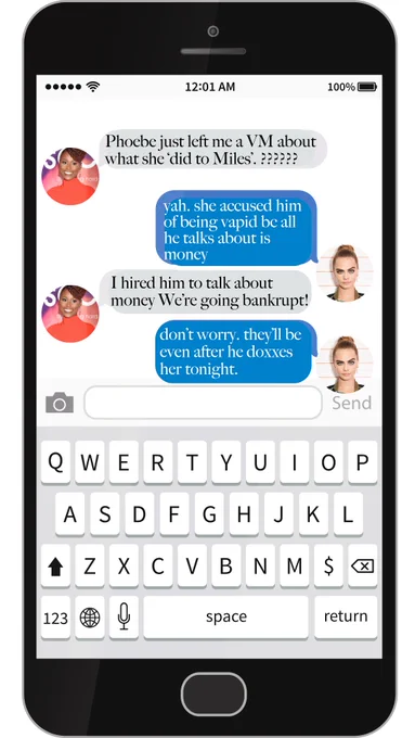Elise: Phoebe just left me  CM about what she did to Miles???
Kira: Yeah she accused him of being vapid bc all he talks about is money.
Elise: I hired him to talk about money. We're going bankrupt!
Kira: Don't worry. they'll be even after he doxxes her tonight.