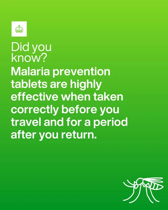 Did you know? Malaria prevention tablets are highly effective when taken correctly before you travel and for a period after you return.