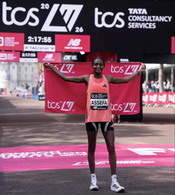 Photo of Tigst Assefa winning the 2026 TCS London Marathon