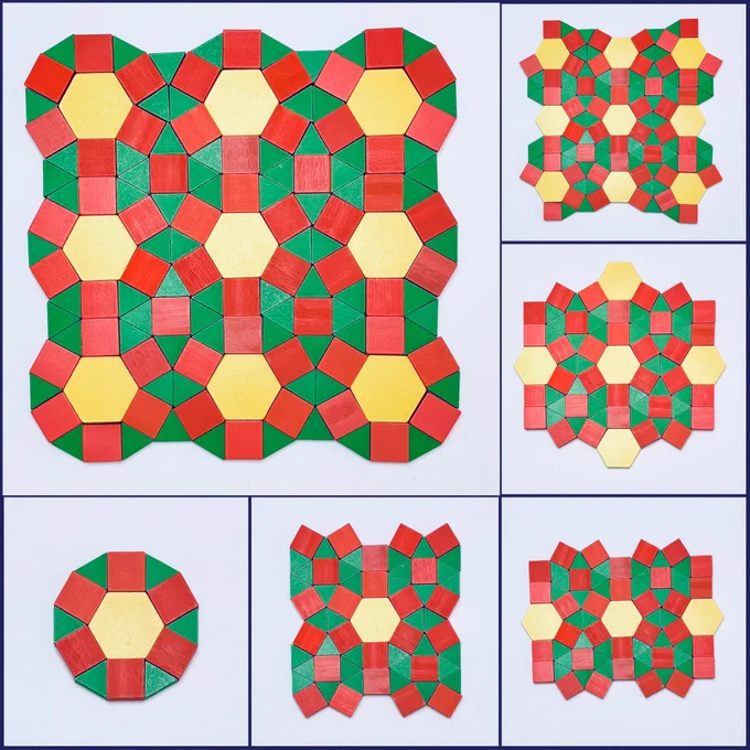 The top left main image shows a square-like geometric design created with pattern blocks. It shows an array of nine dodecagons made of one yellow hexagon, six green triangles, and six orange squares. The gaps between the dodecagons are filled in with one orange square and four green triangles. The images along the bottom and on the right show the progression of the design.