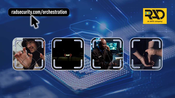 RAD Security orchestration workflow showing how AI detection, edge deterrence, escalation, documentation, and resolution connect through SARA Agentic AI.
