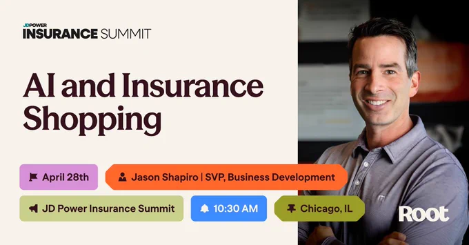 Promotional banner for a panel titled "AI and Insurance Shopping" at the J.D. Power Insurance Summit. It includes details such as the date, April 28th, time, 10:30 AM CT, and location, Chicago, IL, and a headshot of Jason Shapiro, SVP of Business Development, who will be speaking.