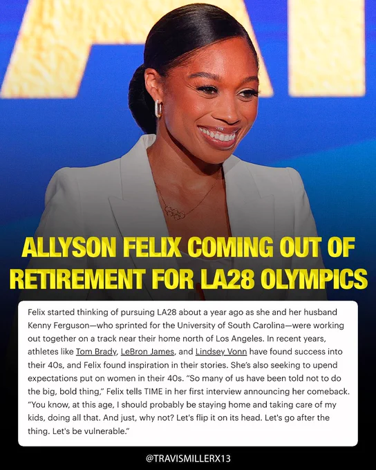 🚨BREAKING: Allyson Felix is making her comeback with the goal of qualifying for the 2028 LA Olympics!

(via: TIME)