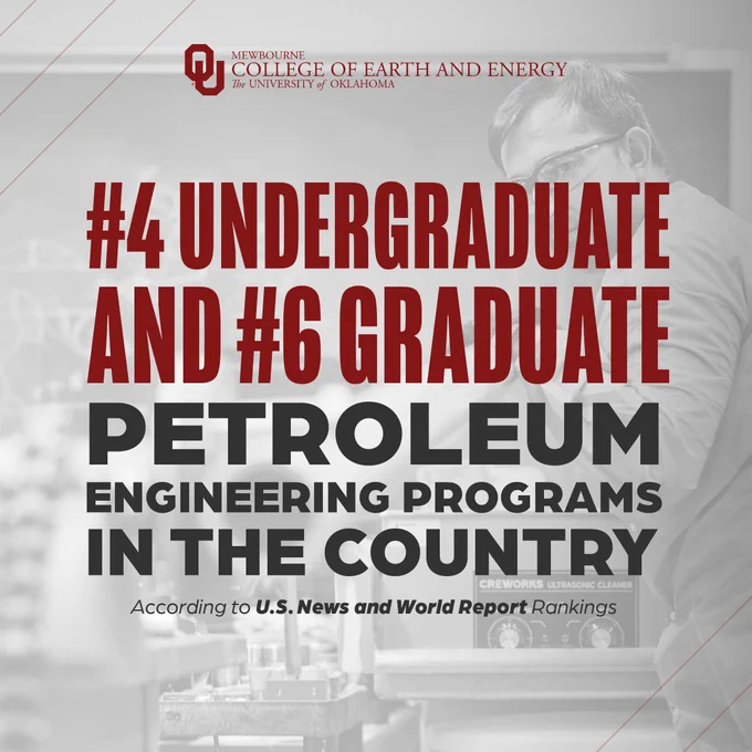 The image shows a promotional graphic for the Mewbourne College of Earth and Energy at the University of Oklahoma. It highlights their petroleum engineering programs, ranked #4 for undergraduate and #6 for graduate in the country, according to U.S. News and World Report Rankings.