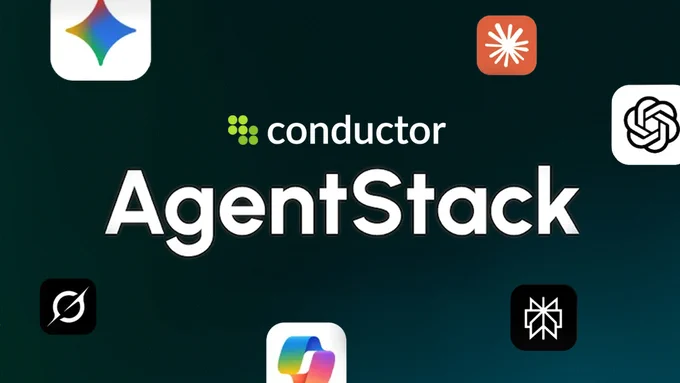 Conductor logo and AgentStack text, surrounded by small logos from leading LLMs
