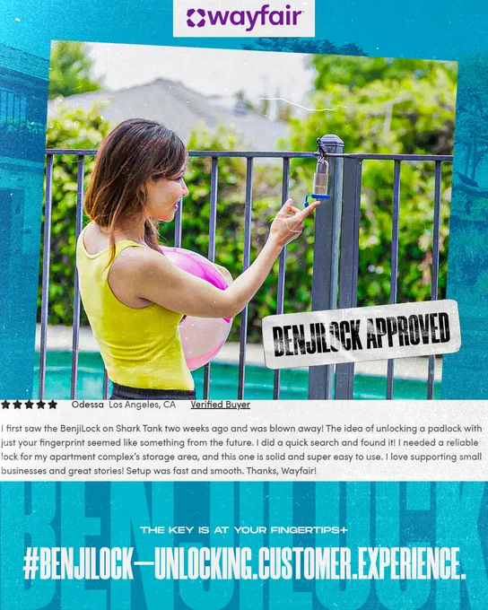 Photo of a woman outdoors by a pool using her fingerprint to unlock a BenjiLock padlock. A verified customer review from Odessa is shown with a 5-star rating and the word “Wow!” The post thanks Odessa and promotes the BenjiLock experience with Wayfair for spring and #WayDay.