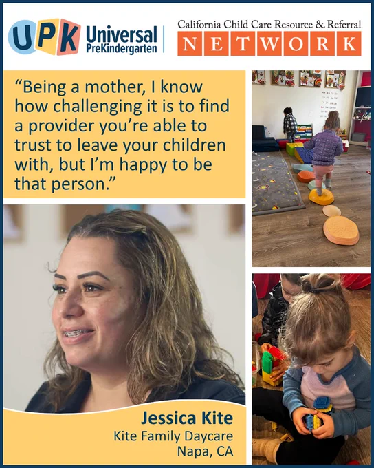 "Being a mother, I know how challenging it is to find a provider you're able to trust to leave your children with, but I'm happy to be that person." -Jessica Kite, Kite Family Daycare, Napa, CA
Image: Jessica Kite of Kite Family Daycare and a few images of children in her daycare.