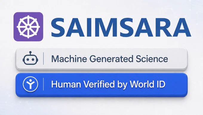 SAIMSARA branding image showing the SAIMSARA logo with two labels underneath: “Machine Generated Science” and “Human Verified by World ID.”