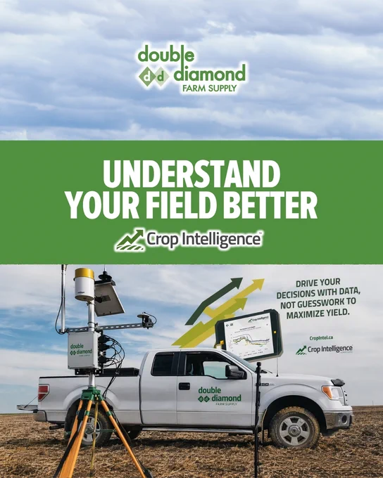 A promotional image featuring "Double Diamond Farm Supply" and "Crop Intelligence" logos. The top section shows a cloudy sky with the Double Diamond logo. The middle section has the text "Understand Your Field Better" alongside the Crop Intelligence logo. The bottom section displays a truck with equipment, a tablet showing data, and the text "Drive Your Decisions with Data, Not Guesswork to Maximize Yield.