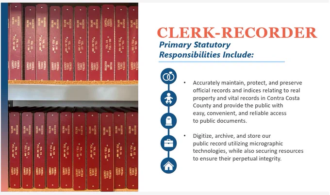 Text slide describing the Clerk-Recorder-Elections Department's dual mission: maintaining official records and indices for real property and vital records, and conducting fair, accurate, secure, and transparent elections. Notes that the department is responsible for maximizing access to voting through outreach activities.
