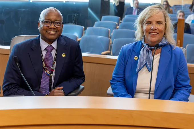 (Left) Deputy County Clerk-Recorder Kwame Reed and (right) Contra Costa County Clerk-Recorder and Registrar of Voters Kristin Connelly provide a budget overview to the Board of Supervisors in Martinez, Calif., on Monday, April 27, 2026 