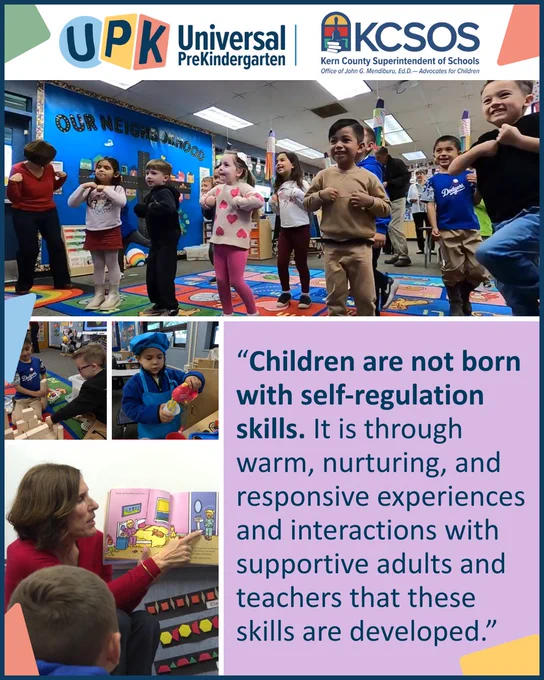 "Children are not born with self-regulation skills. It is through warm, nurturing, and responsive experiences and interactions with supportive adults and teachers that these skills are developed."
Images: Children doing follow-along dance in the classroom, children building with blocks, one child in the dramatic play kitchen area, teacher reading a book to the class.