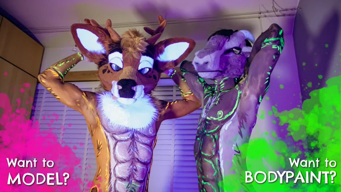 Want to Model? Want to Bodypaint?

Promo for the bodypaint workshop Furrealism: Bodypainting the Town Red featuring Lewis and Stox in bodypaint and fursuit combo. They are glowing in UV, and have their arms behind their heada