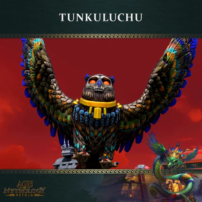 An imposing in-game screenshot featuring the new Aztec unit: the Tunkuluchu. The unit is depicted as a massive flying owl-like creature, with colorful feathers and a gold necklace. Its features include glowing orange eyes, a blue beak, and a white skull over its face. Behind the unit is a red-orange hued sky, and various buildings with Aztec architecture.