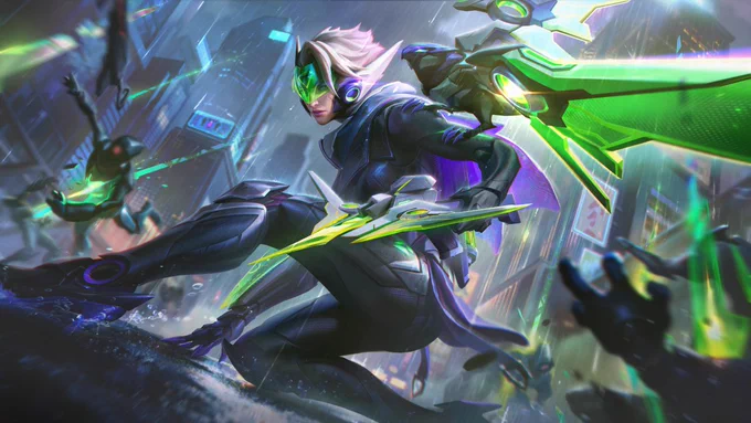 PROJECT: Quinn slides into combat, dropping green cybernetic arrows from above to take down the cyber soldiers that were attacking her. A robotic Valor with large green wings is perched on her shoulder.