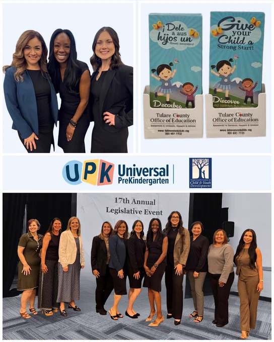 Image: collage including 3 women on the top left, a brochure from the Tulare County Office of Education that says "Give your child a strong start!", and an image of the group that presented at this event.