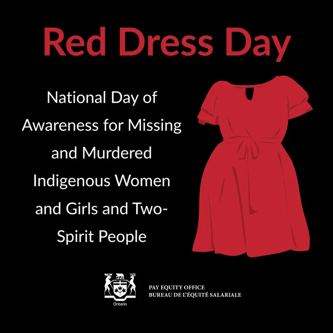 Black background with red text reading “Red Dress Day” and “National Day of Awareness for Missing and Murdered Indigenous Women and Girls and Two-Spirit People,” alongside an illustration of a red dress. Ontario government logo and Pay Equity Office text appear at the bottom.