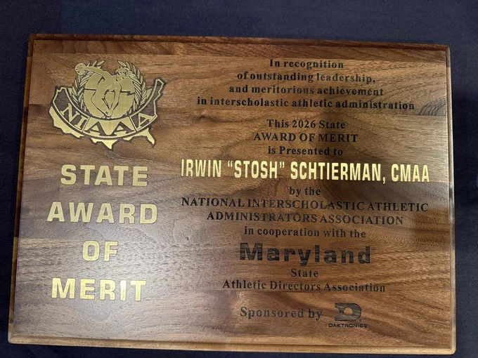 Image of a plaque for State Award of Merit that was presented to Wi-Hi Athletic Director Stosh Schtierman