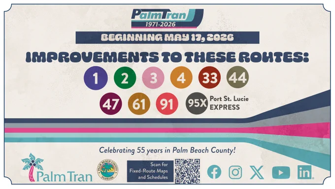 Palm Tran flyer for May 2026 service changes. 