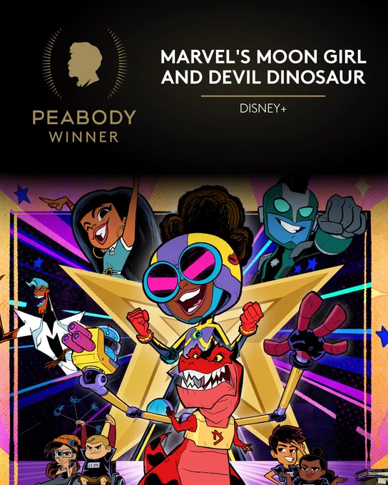 Colorful illustration of “Marvel’s Moon Girl and Devil Dinosaur” characters with vibrant, exciting energy. A "Peabody Winner" laurel is visible in the top left corner.