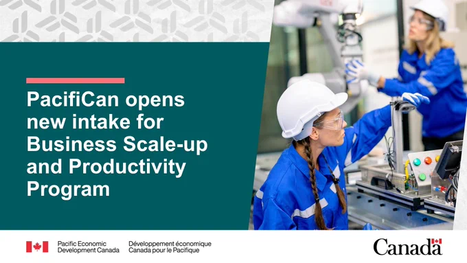 Two engineers conduct maintenance on machinery. Text reads: “PacifiCan opens new intake for Business Scale-up and Productivity Program.”