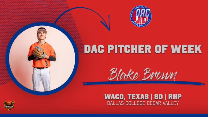 Dallas College Cedar Valley's Blake Brown was chosen as the Dallas Athletic Conference Pitcher of the Week.