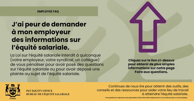 L’image présente un fond vert et jaune avec l’en‑tête « Employee FAQ ». Le texte dit : « J’ai peur de demander à mon employeur des informations sur l’équité salariale », suivi d’une explication indiquant que la Loi sur l’équité salariale interdit toute pénalisation pour ces questions. À droite, une grande flèche violette est affichée. Le bas mentionne le Bureau de l’équité salariale de l’Ontario.